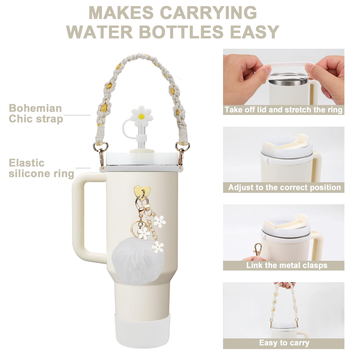 3tyto 13 Pcs Stanley Cup Accessories Set Including Water Bottle Handle Strap, Siliocne Stanley Cup Boot, Siliocne Straw Cover, Stanley Charms for Stanley Cup 40oz & 30oz Tumbler (White)