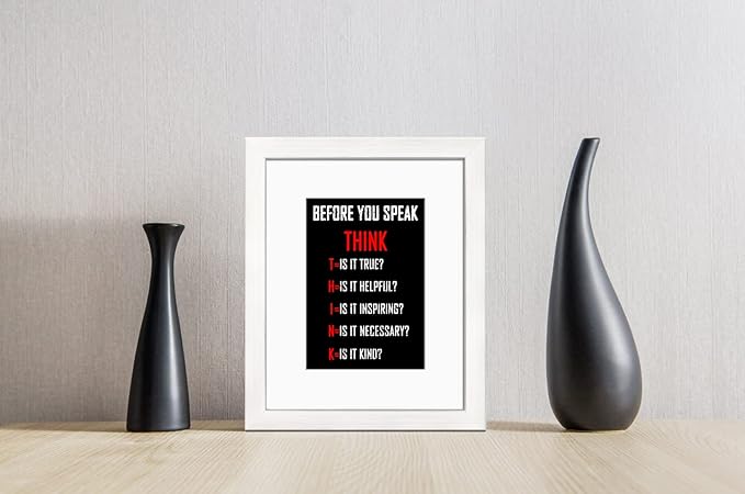 Wieco Art Think Quotes Wall Art Inspirational Canvas Print Motivation Classroom Decor With White Picture Frame and Real Glass Made to Display 5x7" with Mat or 8x10" Without Mat for Home Office Wall Decoration