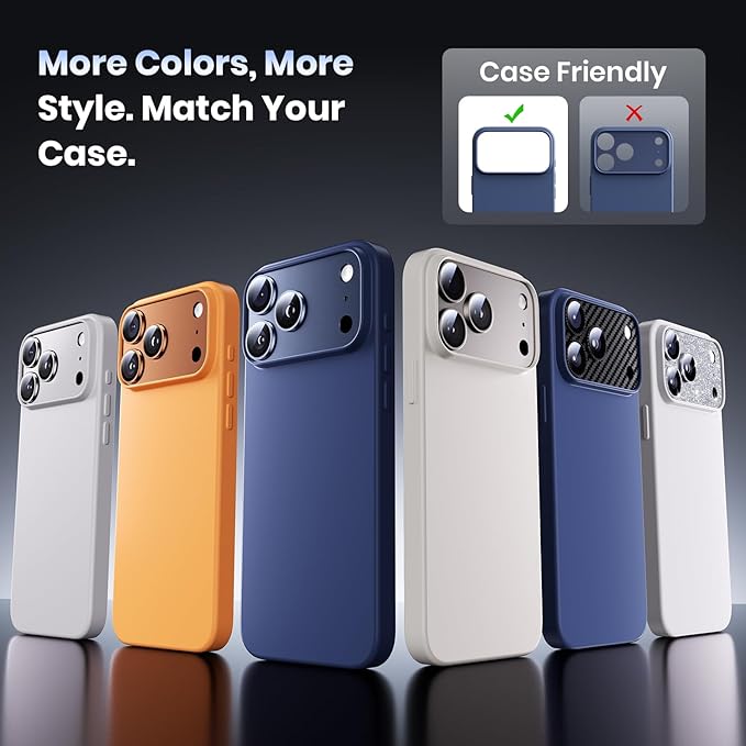 for iPhone 17 Pro Camera Lens Protector - 12FT Shatterproof | Military Grade Protection Strong Adsorption 9H+ Tempered Glass Camera Screen Full Protective Cover Case Friendly Black