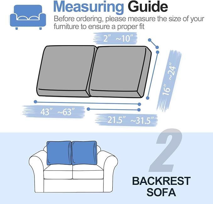 Large Backrest Cushion Covers Super Stretch Backrest Covers for 2 Cushion Couch Sofa, Couch Back Cushion Covers Featuring with Chenille Yarn (Softer Version, 2PC, Light Grey)