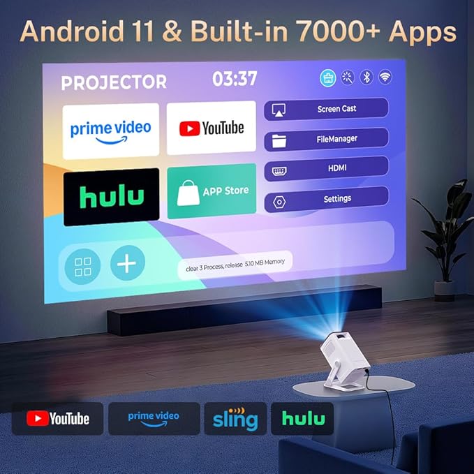 Mini Projector with WiFi 6 and Bluetooth 5.4 Built-in Apps Portable Projector Android 11 Auto Keystone 1080P 4K Support for Bedroom Outdoor Compatible with iOS/HDMI/TV Stick VisualCube 300
