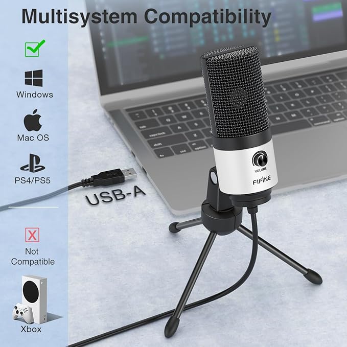 FIFINE USB Podcast Microphone,PC Computer Recording Mic for Desktop Laptop,Studio Condenser Microphone with Volume Knob for Voice-Over, Vocals, Online Meeting, YouTube-K669W