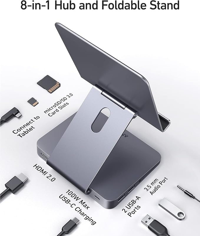 Anker USB C Hub for iPad, 551 USBC Hub (8-in-1), with Foldable Tablet Stand, 4K HDMI, 2 USB-A Data Ports, for iPad Pro 5th Gen/Air 5th Gen/Mini 6th and Later (Silver)