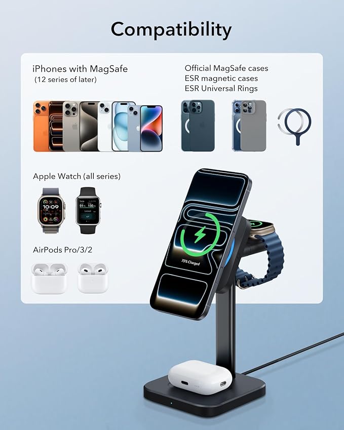 ESR for MagSafe Charger Stand, 3 in 1 Charging Station with CryoBoost, Phone-Cooling Wireless Charging, 15W MagSafe Stand, for iPhone 17/16/15/14/13/12, AirPods, Apple Watch, Black