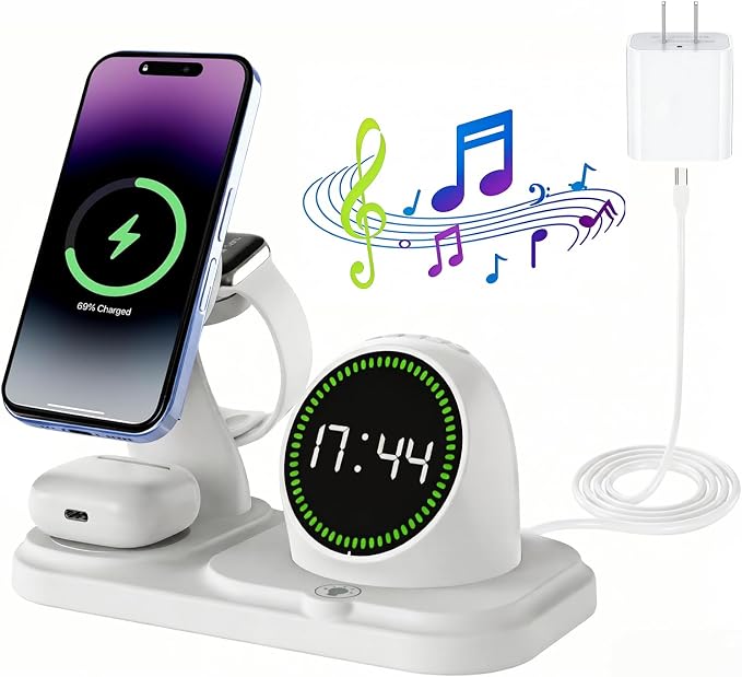 6-in-1 Wireless Charging Station with 30W Fast Adapter RGB Ambient Light Digital Clock &amp Bluetooth Speaker Multi-Function Desktop Charger for Wireless Charging Phones Earbuds &amp Watch