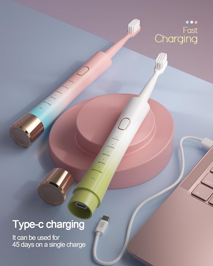AJELU Upgrade Sonic Electric Toothbrush for Adults, 8 Replacement Brush Heads, Rechargeable Electric Toothbrush with 2-Minutes Timer IPX7 Water-Proof, for Indoor & Outdoor, White & Green Gradient