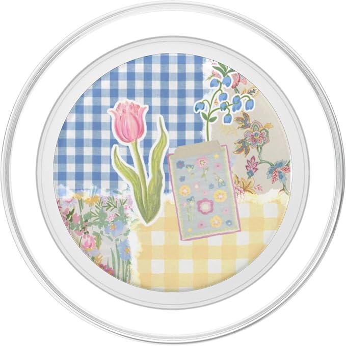 Aesthetic Gingham Pastel Blue &amp Yellow Cute Floral Patchwork PopSockets PopGrip for MagSafe