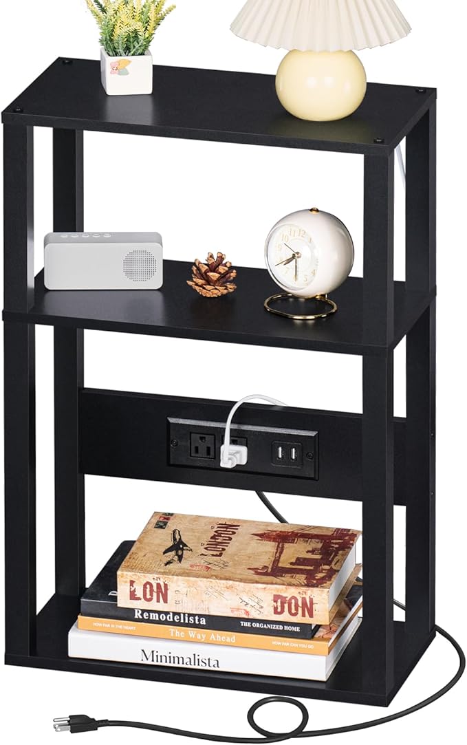 3-Tier Small Narrow Wood Side Table with Charging Station, Skinny Nightstand for Small Space, Slim Bedside Table with Storage for Couch, Thin End Table with USB Ports and Outlets, Black