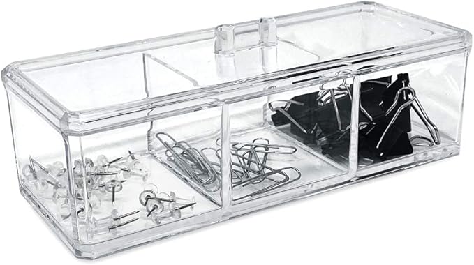 Isaac Jacobs 3-Compartment Clear Acrylic Rectangular Stackable Organizer with Lid, Multi-Sectional Drawer Tray, Storage Solution for Makeup, Craft Supplies, for Bathroom, Kitchen, Office (1, Clear)