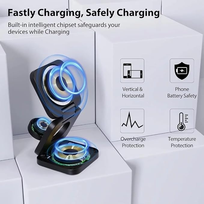3 in 1 Magnetic Wireless Charger Stand Fast Charging Dock for iPhone 16 15 14 13 12 Compatible (Black)