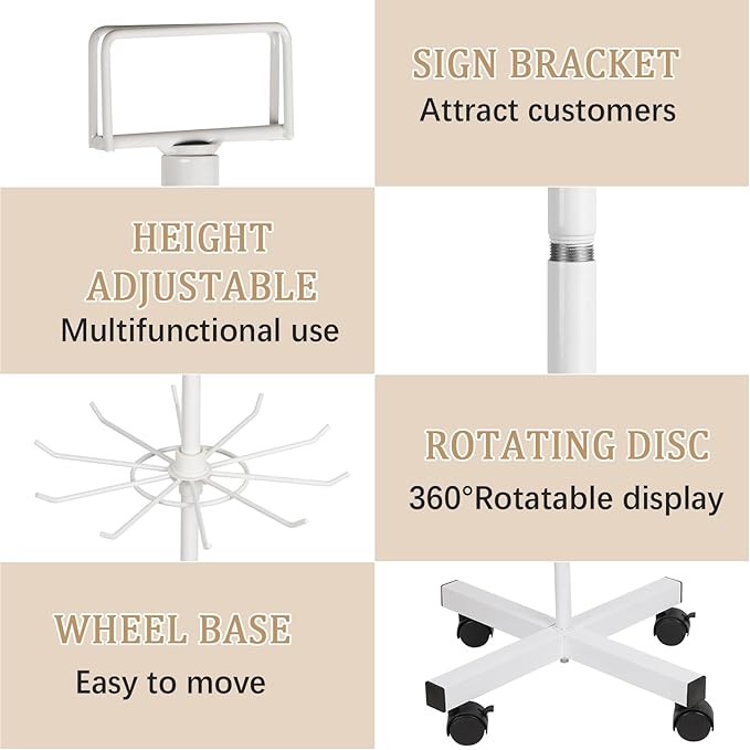 Exttlliy 5-Tier Metal Spinning Display Stand Rack with Wheels, Keychain Jewelry Stocking Hat Display Stand, White