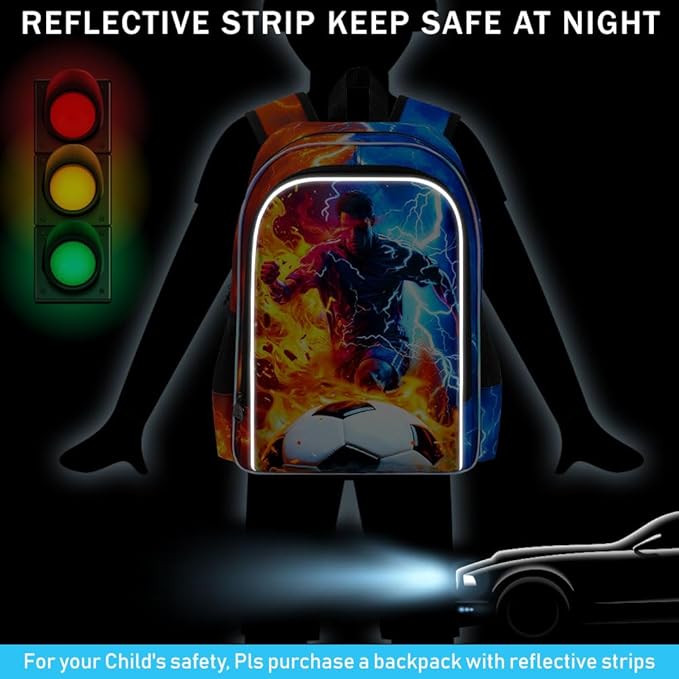 gxtvo 3PCS Soccer Backpack for Kids, 17" Boys School Bookbag with Lunch Box, Water Resistant Lightning Bag Middle Elementary - Fire & Lightning Soccer Player