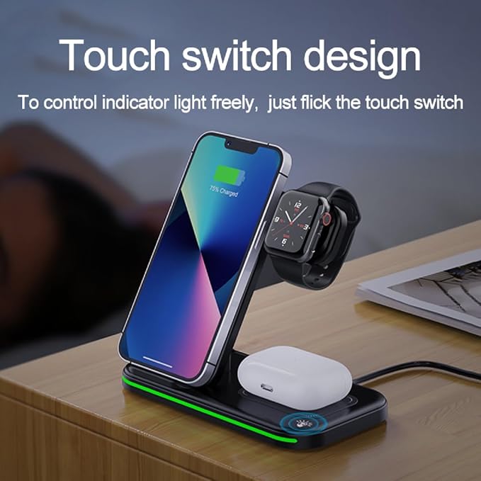 Foldable 3 in 1 Charging Station Dual Coil Wireless Charger for iPhone 17 Apple Watch Ultra 1-10 Charging Dock for Air. Pods (No A/C Adapter USB C to C Cord)