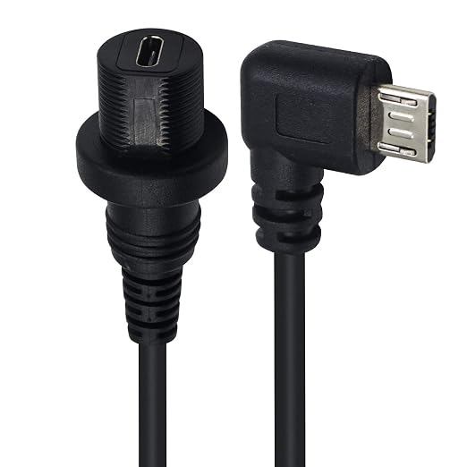 Duttek Micro USB Panel Mount Cable Left Angled 90 Degree Micro USB Mount Extension Dash Flush Cable Male to Female for Car Boat Motorcycle Truck Dashboard 30cm/12 Inch