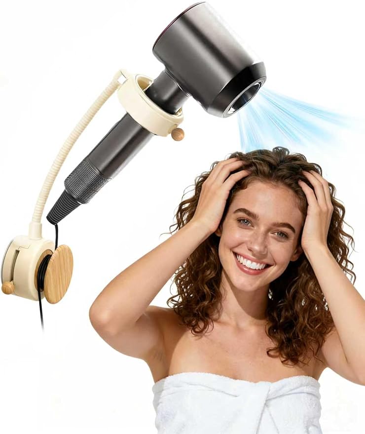 Hands Free Hair Dryer Holder Wall Mounted with Suction Cup, No Drill Installation for Damage-Free Walls, 360° Adjustable Blow Dryer Holder Fits Most Hair Dryers for Bathroom Organization 1Pack(Cream)