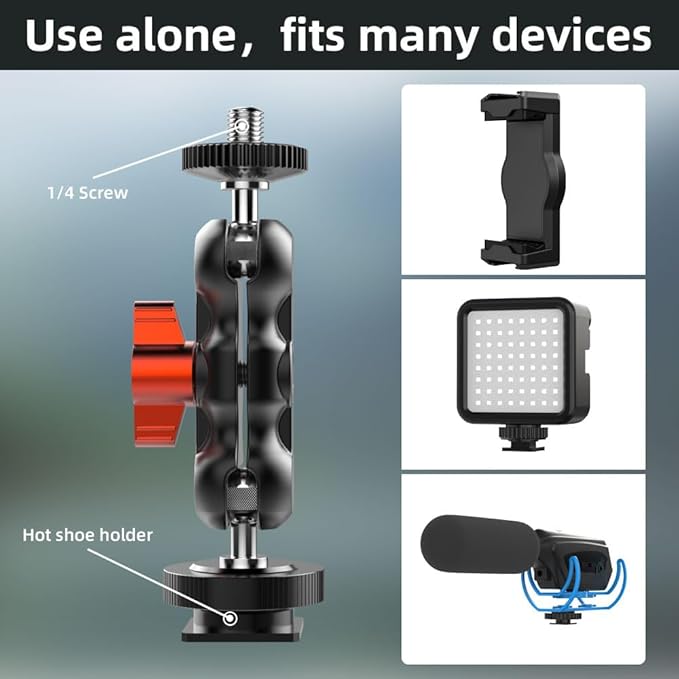SOH Hot/Cold Shoe Phone Mount Holder, Universal 2 Ball Head Smartphone Mount Adapter, Cold Shoe Phone Clip Mount for iPhone 17/16/15, DSLR Camera LCD Camera Cage Flash LED Light Microphone and More