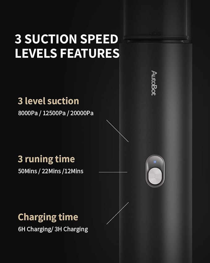 AutoBot Car Vacuum Portable Cordless - 20000PA Handheld Vacuum for Pet Hair, 50 Min Runtime with 5 Attachments & Flexible Hose, 3Hr Fast Charge for Cars, Trucks, Home Cleaning (Type-C)