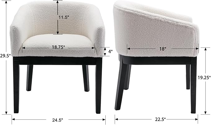 White Mid Century Modern Dining Chairs Set of 6, Farmhouse Boucle Upholstered Accent Curved Backrest Kitchen Chairs Armchairs with Black Wood Legs, White