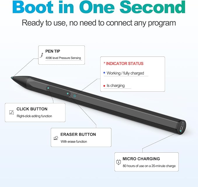 Stylus Pen for Microsoft Surface Pro 11/10/9/X/8/7/6/5/4/3Surface Go/Go2/Go3Book3/2/1Surface Laptop7/6/5/4/3/2/1Studio 2 (Black)