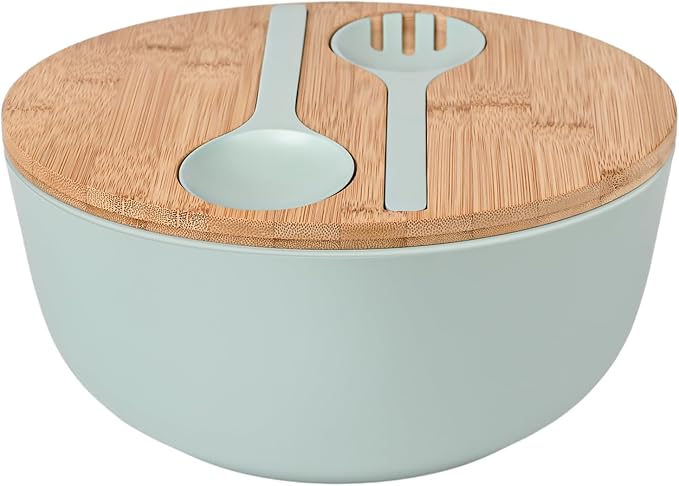 Bamboo Fiber Salad Bowl with Servers Set Large 9.8inches Nature Bamboo Mixing Bowl with Servers with Lid Spoon and Fork for Fruits,Salads and Vegetables