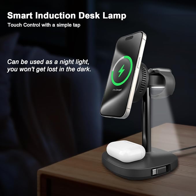 5 in 1 Qi2 Magnetic Wireless Charger Stand with Cooling Fan &amp LED Light Fast Wireless Charging Station for iPhone 17/16/15/14/13/12 AirPods Apple Watch - 65W Adapter &amp Retractable USB-C Cab