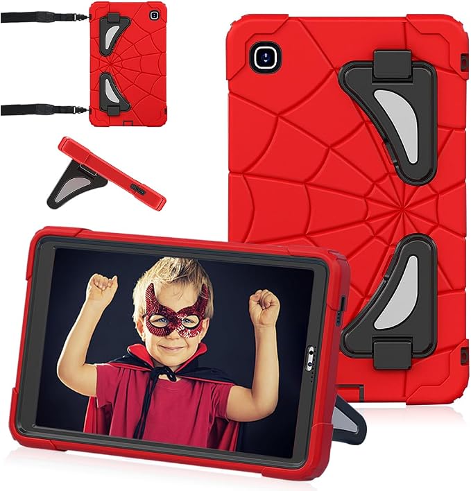 Case for Samsung Tab A7 Lite 8.7 inch 2021 Release SM-T220/T225/T227u Shockproof Cute Kids Silicone Protective Cover for Galaxy Tab A7 Lite 8.7 inch with Kickstand Shoulder Strap Red+Black