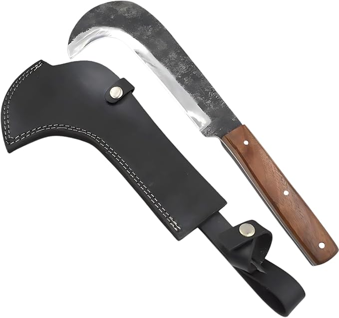 Billhook Sickle Machete with 1075 High Carbon Steel Blade, 16.5-Inch Overall Length, Pakkawood Handle, Ambidextrous, Modern Style