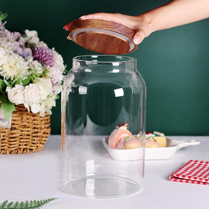 SAIOOL 1 Gallon Glass Jar with Wooden Acacia Airtight Lid,Large Glass Storage Jar set of 2, BPA-Free Cereal Dispenser Jars for flour,Spaghetti Pasta, Powder, Tea, Coffee