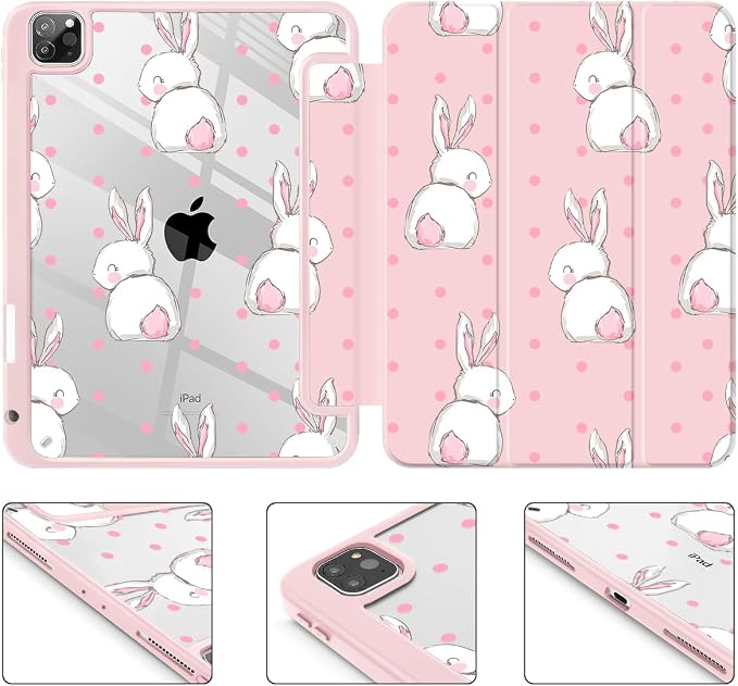 May Chen Case for iPad 12.9 Inch (6th/5th/4th/3rd Generation 2022/2021/2020/2018) Pencel Holder + Trifold Support Auto Sleep/Wake Transparent Shockproof Back Cover Blue Bows