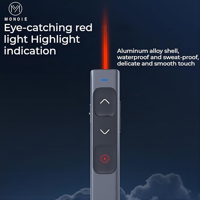 M Monoie Wireless Presenter, Laser Pointer Clicker for Keynote, Laptops, Google Slides - Supports Hyperlinks and Volume Control (Gray Pen/Red/USB Interface)