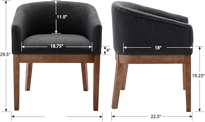 Mid-Century Modern Charcoal Dining Chairs Set of 6, Linen Upholstered Kitchen Dining Room Chairs with Wood Legs, Curved Backrest Armchairs, Charcoal