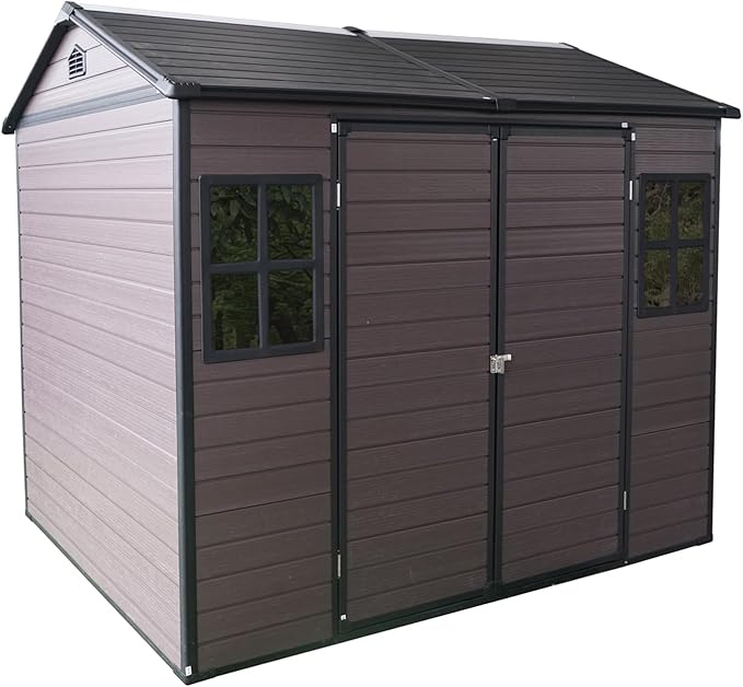 8x6 FT Outdoor Storage Resin Shed with Floor, Plastic Garden Tool Shed with Sloped Roof, Lockable Door & Windows, Easy to Assemble Bike Shed for Lawn, Backyard, Patio, Brown