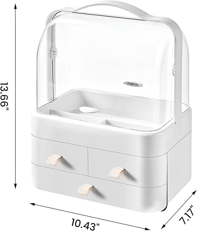 Makeup Organizer and Storage for Vanity with Lid and Drawers, Waterproof and Dustproof Portable Skincare Cosmetics Boxes, Makeup Caddy Holder for Vanity Countertop, Bathroom, Dresser-All White