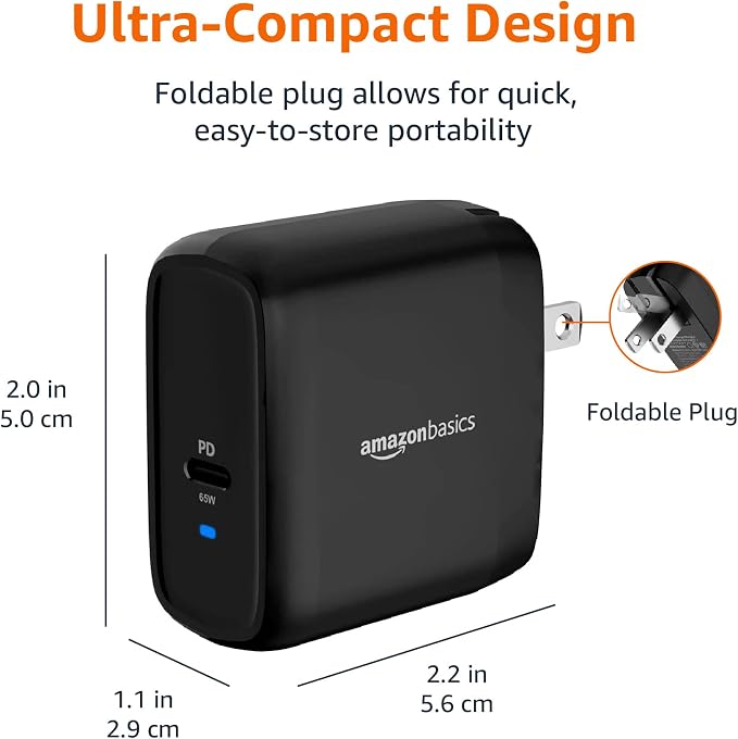 Amazon Basics 68W Two-Port GaN Wall Charger with 1 USB-C (60W) &amp 1 USB-A Ports (18W) with PD for Laptops Tablets &amp Phones (iPhone 16/15/14/13/12/11/X iPad MacPro Samsung More) Non-PPS B