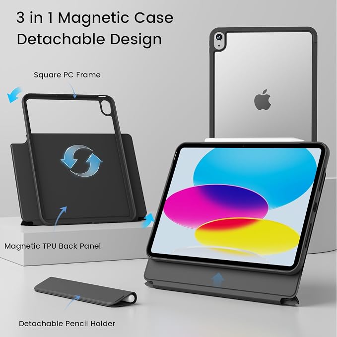 Case for iPad A16 11th/10th Generation 11/10.9 inch Black | Magnetic Attachment Slim Soft TPU Protective Case Multi Angles Hidden Pencil Holder Shockproof Frame Auto Wake/Sleep
