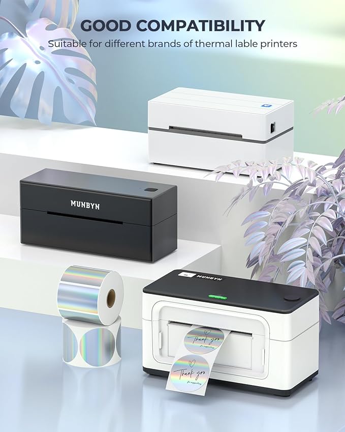 MUNBYN 2.25"x1.25" Holographic Thermal Sticker Labels Silver, Color Self-Adhesive Stickers Label, Glitter Thermal Printer Label for DIY Logo Design, QR Code, Name Tag,500 Sheets/1 Roll