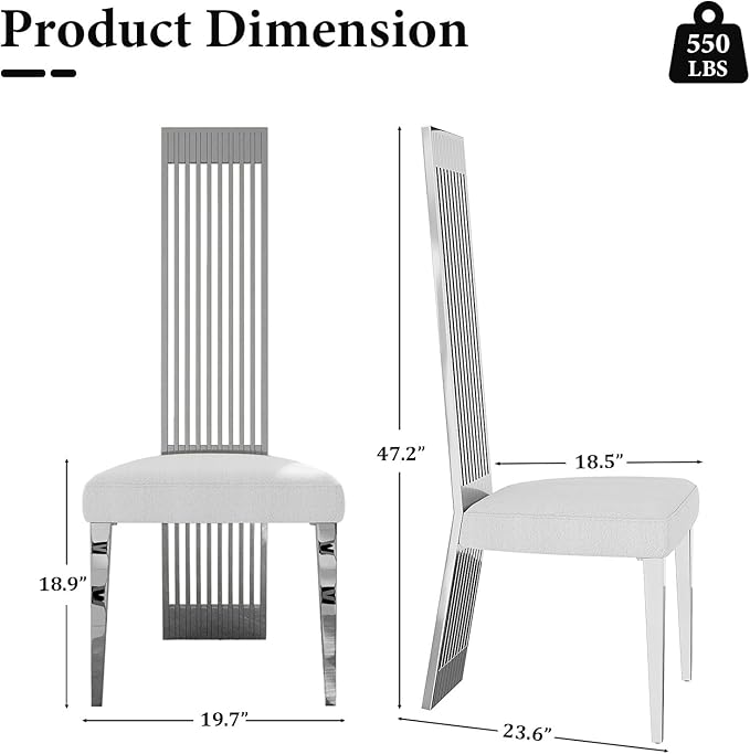 Silver Dining Chair Set of 4, White Boucle Dining Chairs with Polished Silver Stainless Steel Backrest and Legs, Modern Elegant Upholstered Dining Room Chairs for Dining Room Kitchen Restaurant