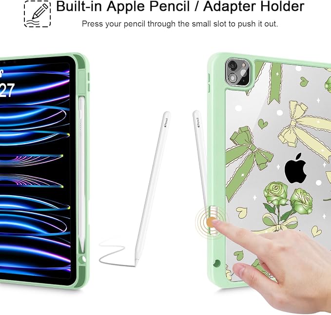 Tuiklol for iPad Pro 11 Inch 4th / 3rd / 2nd / 1st Gen (2022 2021 2020 2018) Case -Built-in Pencil Holder Shockproof Cover Clear Transparent Back Shell with Auto Wake/Sleep Black Flower
