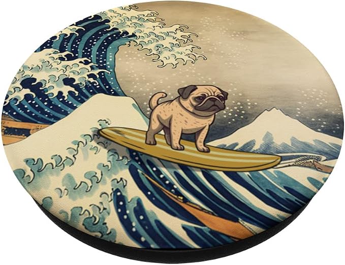 Surfing Pug Kanagawa Wave Japanese Dog Funny PopSockets Adhesive PopGrip
