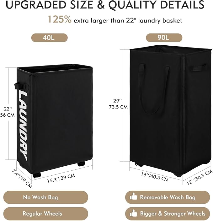DOKEHOM 90L X-Large Laundry Basket with Removable Wash Bag on Wheels, Collapsible Rolling Laundry Hamper, Foldable Clothes Organizer, Folding Washing Bin (Black)