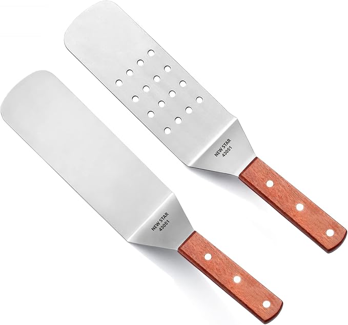 New Star Foodservice 14.5 Inch Flexible Grill Spatula Set, 2-Piece Stainless Steel Turners with Wood Handles for Griddle, Flat Top, Grill, and Restaurant Use