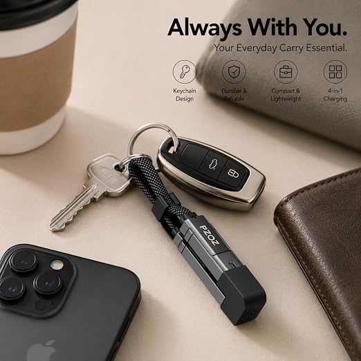 PZOZ 4-in-1 Keychain Charging Cable 60W Fast Charging USB C Cable with LED Display USB A/C to USB C &amp Lightning Portable Short Charger Cord for iPhone 16/15 iPad MacBook Samsung (60W 7.3 in