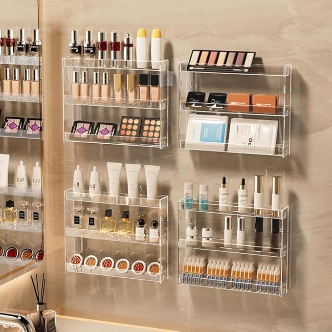 3 Layers Makeup Organizer Wall Mounted, Acrylic Invisible Floating Shelves with Anti-Slip Adhesive Backing, Sunglasses Display Rack, Nail Polish Storage, Clear (1 Pack)