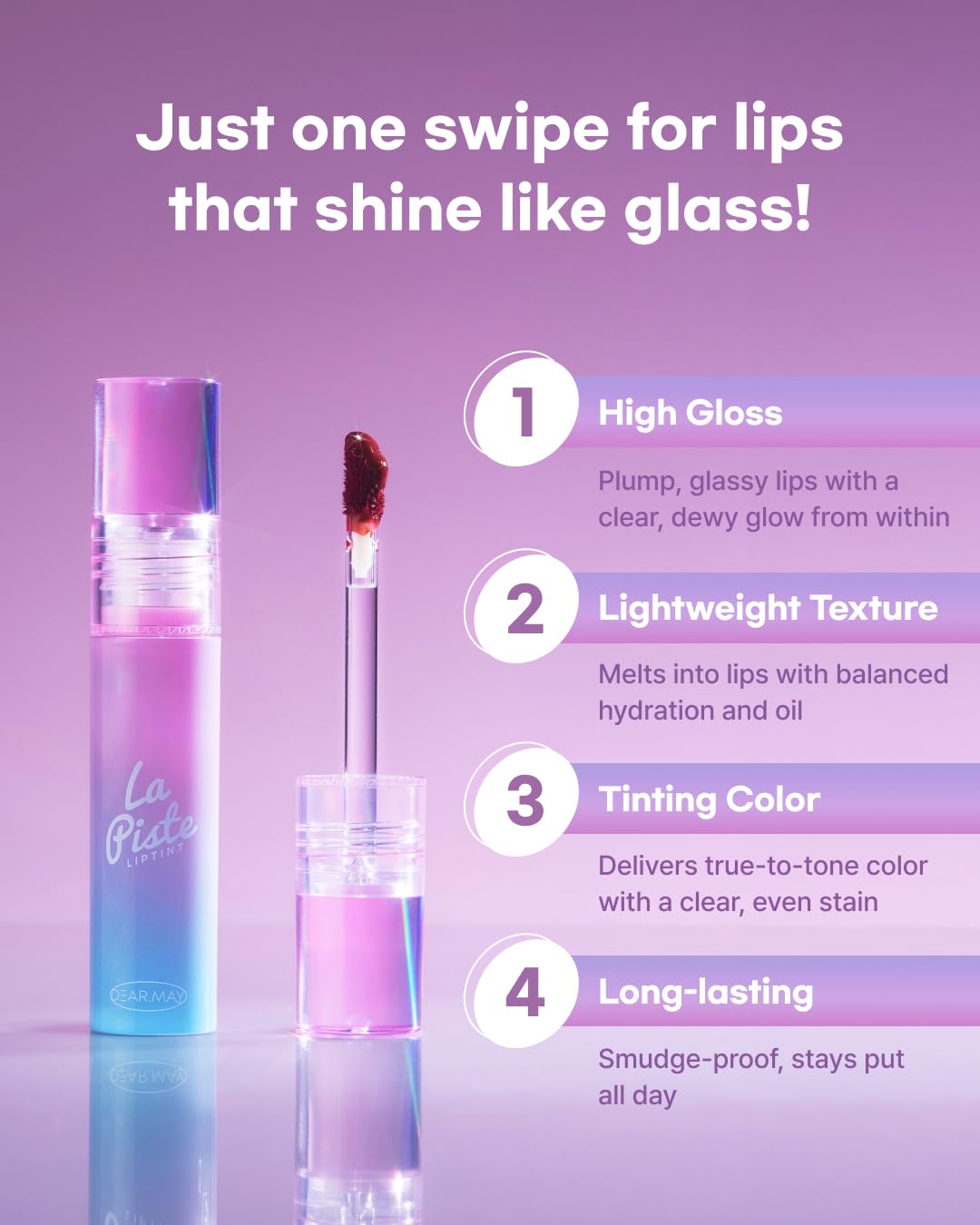 DEARMAY LA PISTE LIP TINT LP02 Fancy 0.14 oz. long lasting lip stain with glossy finish and lightweight texture, non sticky, hydrating formula with no flaking and glassy vivid tint, korean makeup