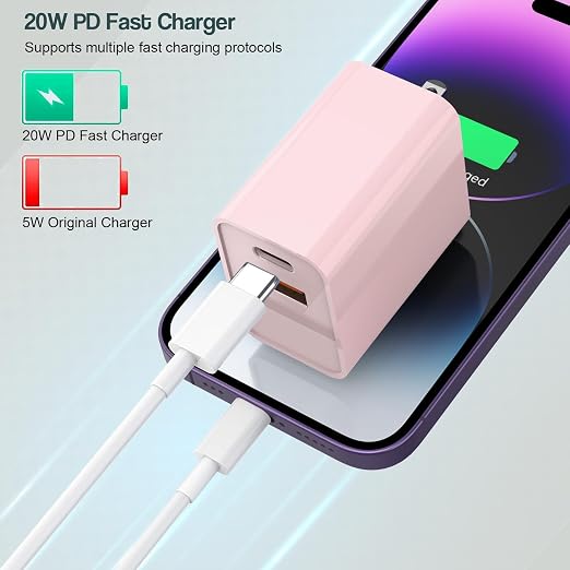 10FT iPhone 17/16e Fast Charger2Pack 20W Dual Port USB A+C QC Apple Adapter with 10 Foot USB C to C Fast Charging Cable Cord for iPhone 17Air/17Pro/17Pro Max/16/16Pro/15/15Pro/Pro Max/Plus(Blue/Pink)