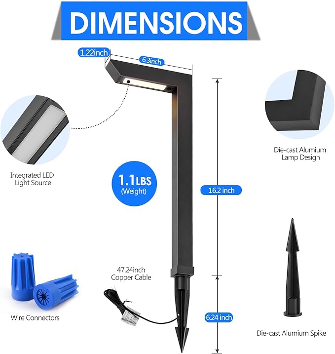 Energetic 5CCT Low Voltage Landscape Lights, 5W 200LM IP65 Waterproof LED Pathway Lights, 50000 Hrs, Outdoor Landscape Lighting, Square Modern Side Lit, Die-cast Aluminum Housing, ETL, Black, 6 Pack