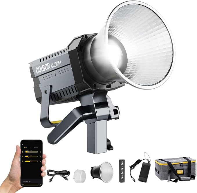 Video Light, COLBOR CL220M 220W Continuous Lighting 2700-6500K CRI96+ 58,100Lux at 3.3ft COB Studio Light with Bowens Mount APP for Film Live, Video-Light-Studio-LED-Photography