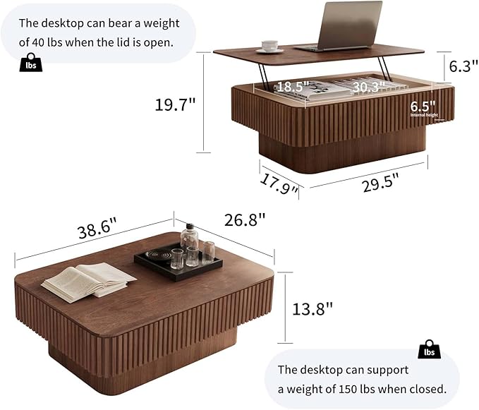 38.6" Lift Top Coffee Table with Storage, Fluted Coffee Table with Solid Wood Veneered, Mid Century Modern Wooden Center Table, Accent Tea Table for Living Room Apartment, Walnut