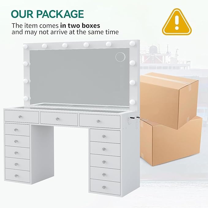 Vanity Desk with Mirror and Lights, 13 Drawers Makeup Vanity with Glass Top, 3 Color Lighting Modes, Makeup Vanity with Chair for Bedroom (White)