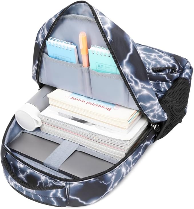 BABUN Backpack for Boys Middle Elementary Set for Kids Bookbag Lightning Laptop School Bags Waterproof With Lunch Box Bag (2-Black)